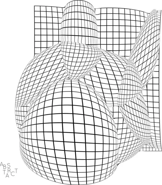 産業用オブジェクト 光学未来美術 反り3Dワイヤーフレーム形状 黒と白の建築メッシュデジタル図面 不均一な圧力下における表面張力の計算機モデリング — ストックベクタ