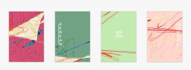 Karmaşık şekilli vektör kapağı şablonu veya elle çizilmiş cıvatalar. Çizgili dalgalı şekiller ve çizgi tasarımları. Düz tarzda soyut hipster arkaplan. Modern sanat modelleri.