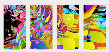 Parlak renkli küçük parçacık patlaması ile soyut sosyal medya şablonu. Spor müziği sosyal medya düzeni. Dış uzay hareketli optik sanat dinamik arka planı. Gelecekçi vektör.