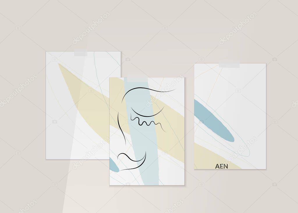 Abstract authentic portrait on modern card set template. One line continuous hand drawn doodle vector artwork. Contemporary composition in modern cubism art style. Mock up with shadow overlay.