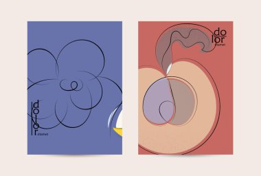 El çizimi meyve grunge desenli soyut vektör şablonu. Düz renkli gıda konsepti çizimi. Sağlıklı beslenme broşürü. Çizgi sanat meyvesi logosu tasarımı. Kavisli dalgalı çizgiler.