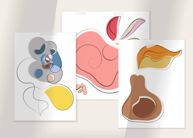 Gölge kaplamalı soyut el çizimi vektör çizimi poster. Çizgi sanatsal çizim ve doku. Retro düz renkler organik doğal tasarım. Organik sağlıklı vejetaryen karalaması..