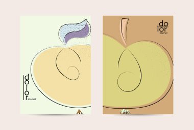 El çizimi meyve grunge desenli soyut vektör şablonu. Düz renkli gıda konsepti çizimi. Sağlıklı beslenme broşürü. Çizgi sanat meyvesi logosu tasarımı. Kavisli dalgalı çizgiler.