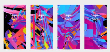 Parlak renkli küçük parçacık patlaması ile soyut sosyal medya şablonu. Spor müziği sosyal medya düzeni. Dış uzay hareketli optik sanat dinamik arka planı. Gelecekçi vektör.