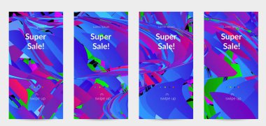 Parlak renkli küçük parçacık patlaması ile soyut sosyal medya şablonu. Spor müziği sosyal medya düzeni. Dış uzay hareketli optik sanat dinamik arka planı. Gelecekçi vektör.