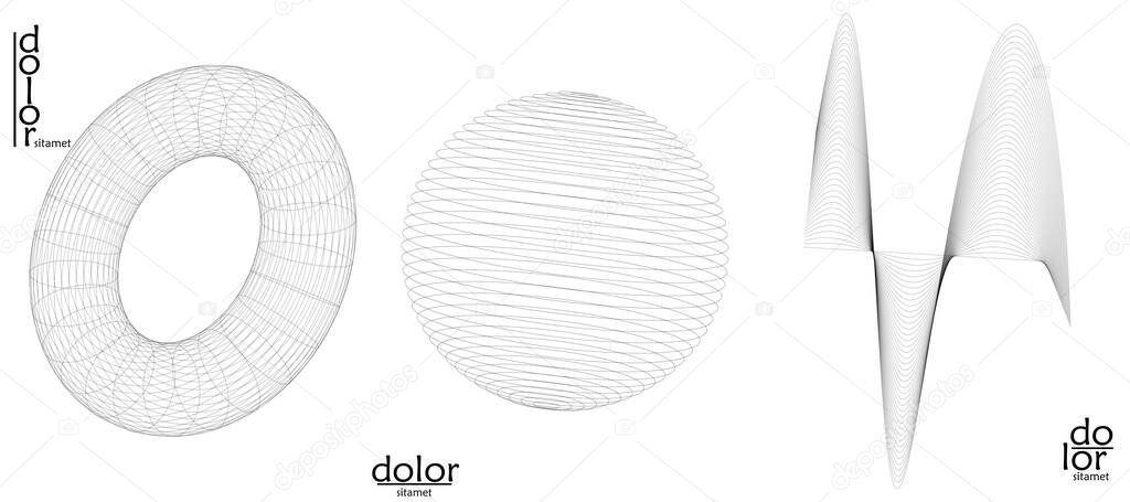 Abstract vector mesh object icon set. Polygonal geometric shape. Computer modeling for math or chemistry. Line optical art design. Outline wavy surface. Wire frame logo design. 