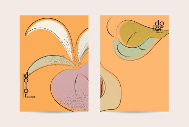 Retro düz renkli organik gıda broşürü. El çizimi meyve çizgisi logosu tasarımı. Yumuşak kıvrımlı grange desenli bitkisel çizgi çizgi. Sağlıklı beslenme broşürü düzeni.