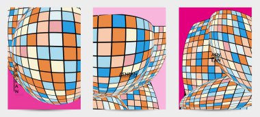 Kare piksel mozaik şekli bozulmuş. Düz retro renklerin üzerine siyah tel çerçeve. Soyut hava balonu vektör arkaplanı.