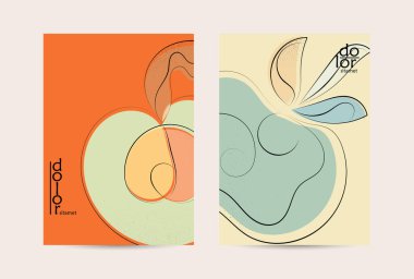 El çizimi meyve grunge desenli soyut vektör şablonu. Düz renkli gıda konsepti çizimi. Sağlıklı beslenme broşürü. Çizgi sanat meyvesi logosu tasarımı. Kavisli dalgalı çizgiler.