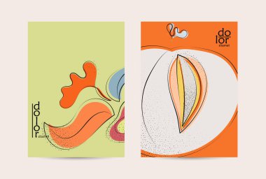 Retro düz renkli organik gıda broşürü. El çizimi meyve çizgisi logosu tasarımı. Yumuşak kıvrımlı grange desenli bitkisel çizgi çizgi. Sağlıklı beslenme broşürü düzeni.