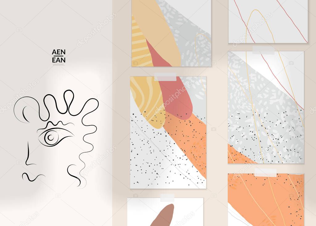 Abstract authentic portrait on modern card set template. One line continuous hand drawn doodle vector artwork. Contemporary composition in modern cubism art style. Mock up with shadow overlay.
