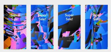 Parlak renkli küçük parçacık patlaması ile soyut sosyal medya şablonu. Spor müziği sosyal medya düzeni. Dış uzay hareketli optik sanat dinamik arka planı. Gelecekçi vektör.