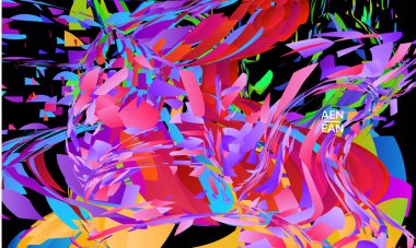 Parlak renkli küçük parçacık patlaması içeren soyut iniş sayfası şablonu. Spor müziği sosyal medya düzeni. Dış uzay hareketli optik sanat dinamik arka planı. Gelecekçi vektör.