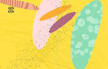 Retro hipster sanat baskısı ya da poster tasarımı. Dalgalı karışık şekiller. Üst üste çizilmiş el dokusu. Çizgiler, noktalar ve karalamalar egzotik tropikal arka plan yaratır. Doğal organik renkler.