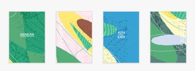 Minimum soyut vektör kaplama şablonu. Organik grunge, üst üste binen dalgalı şekiller ve çizgiler. El yazısıyla çizilmiş pastel renkli arka plan. Çizgili noktalı yaprak formları. Çağdaş tasarım.