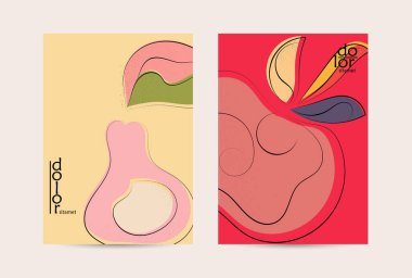 Retro düz renkli organik gıda broşürü. El çizimi meyve çizgisi logosu tasarımı. Yumuşak kıvrımlı grange desenli bitkisel çizgi çizgi. Sağlıklı beslenme broşürü düzeni.