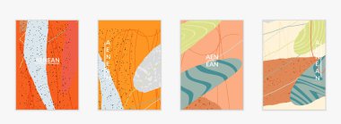 Retro hipster sanat baskısı ya da poster tasarımı. Dalgalı karışık şekiller. Üst üste çizilmiş el dokusu. Çizgiler, noktalar ve karalamalar egzotik tropikal arka plan yaratır. Doğal organik renkler.