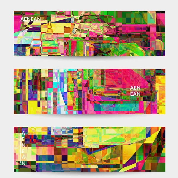 アブストラクトベクトルバナーテンプレート 小さな壊れたピクセル歪みグリッチアート 行列の幾何学模様 鮮やかなカラフルなデジタルテクスチャ コンピュータマーケティングの販売の背景 ウェブページフレーム — ストックベクタ
