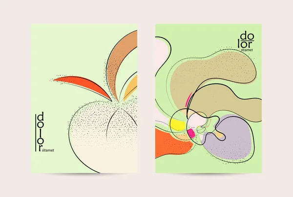 手描きフルーツグランジテクスチャの抽象ベクトルフライヤーテンプレート 平色のフードコンセプトイラスト 健康的な食事パンフレットのレイアウト ラインアートフルーツロゴデザイン 曲線波線 — ストックベクタ