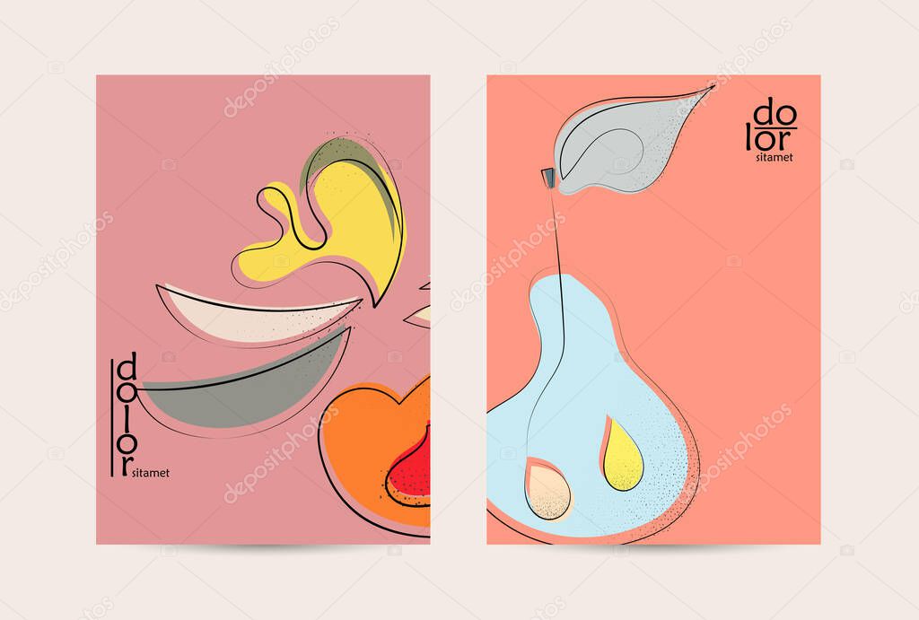 Vector flyer template. Abstract hand dawn fruit poster. Grange textured flat design. Organic natural food artistic illustration. Cartoon calligraphic line logo with smooth curves.