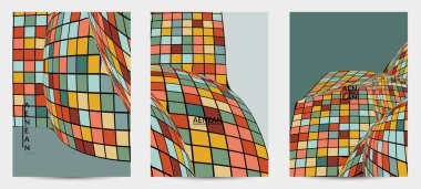 Kare piksel mozaik şekli bozulmuş. Düz retro renklerin üzerine siyah tel çerçeve. Soyut hava balonu vektör arkaplanı.