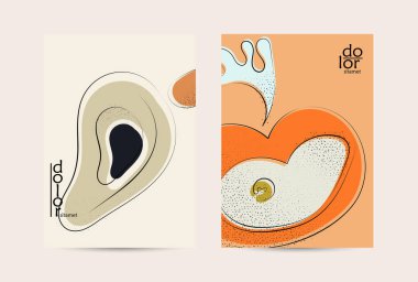 Eko ambalaj vektör tasarımı. Düz renkli meyve logosu ve grunge deseni. Doodle sebze çiziyor. Sağlıklı yiyecek. Vegan cıvata eskiz posteri. Yaz organik taze kavram.