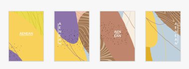 Minimum soyut vektör kaplama şablonu. Organik grunge, üst üste binen dalgalı şekiller ve çizgiler. El yazısıyla çizilmiş pastel renkli arka plan. Çizgili noktalı yaprak formları. Çağdaş tasarım.