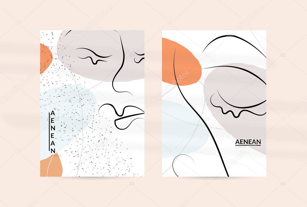 Contemporary continuous one line free hand drawing. Logo portrait in modern abstract graphic style with simple colorful organic pastel shapes and lines. Flyer mock up with shadow overlay.