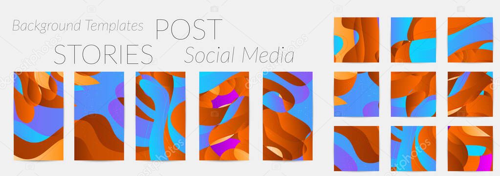 Abstract vector Instagram background set with bright gradient wavy organic overlapping shapes grunge textured. Fluid wavy lines.Template for seasonal sale advertising  marketing technology.