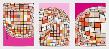 Kare piksel mozaik şekli bozulmuş. Düz retro renklerin üzerine siyah tel çerçeve. Soyut hava balonu vektör arkaplanı.