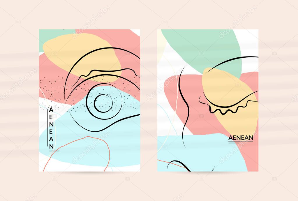 Contemporary continuous one line free hand drawing. Logo portrait in modern abstract graphic style with simple colorful organic pastel shapes and lines. Flyer mock up with shadow overlay.
