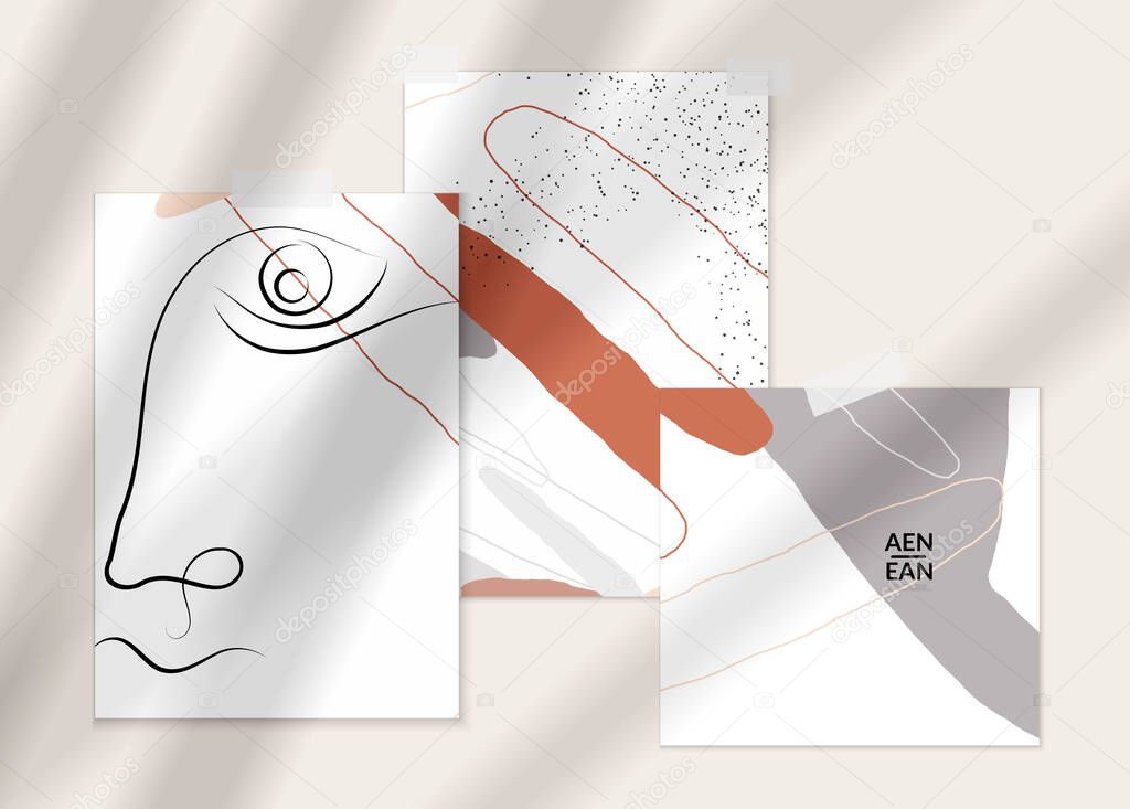 Abstract line continuous face. Portrait of a woman face on organic pastel textures with shapes and lines. Contemporary composition in modern cubism art style. Wall art mock up with shadow overlay.