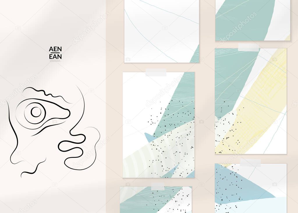 Abstract authentic portrait on modern card set template. One line continuous hand drawn doodle vector artwork. Contemporary composition in modern cubism art style. Mock up with shadow overlay.