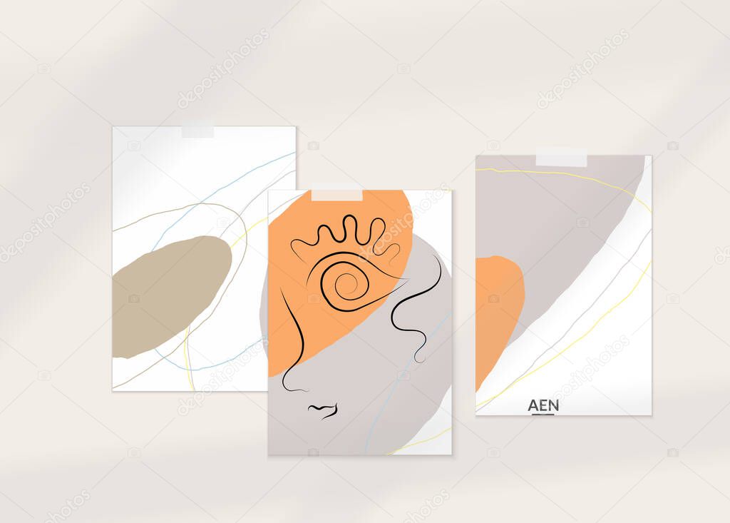 Abstract authentic portrait on modern card set template. One line continuous hand drawn doodle vector artwork. Contemporary composition in modern cubism art style. Mock up with shadow overlay.