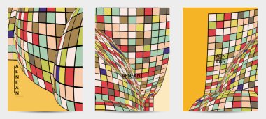 Kare piksel mozaik şekli bozulmuş. Düz retro renklerin üzerine siyah tel çerçeve. Soyut hava balonu vektör arkaplanı.