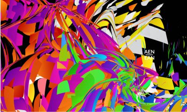 Parlak renkli küçük parçacık patlaması içeren soyut iniş sayfası şablonu. Spor müziği sosyal medya düzeni. Dış uzay hareketli optik sanat dinamik arka planı. Gelecekçi vektör.