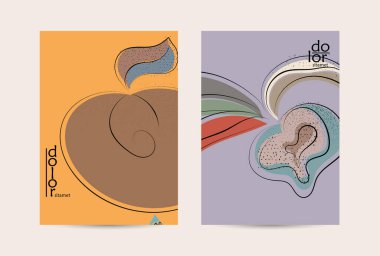 Retro düz renkli organik gıda broşürü. El çizimi meyve çizgisi logosu tasarımı. Yumuşak kıvrımlı grange desenli bitkisel çizgi çizgi. Sağlıklı beslenme broşürü düzeni.