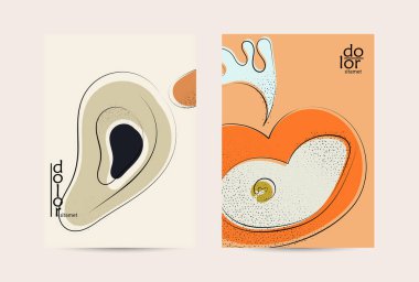 Eko ambalaj vektör tasarımı. Düz renkli meyve logosu ve grunge deseni. Doodle sebze çiziyor. Sağlıklı yiyecek. Vegan cıvata eskiz posteri. Yaz organik taze kavram.