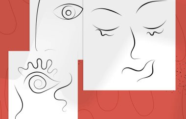 Soyut çağdaş sanat, aralıksız çizgi yüz, basit minimalizm güzellik logosu. Modern sanat eserleri gölgelerle örtüşüyor. Vektör el çizimi arka plan. Doğal renkler organik şekiller.