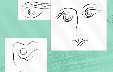 Moda tasarım şablonları ve soyut bir çizgi grafik tarzında portre kadın. Çağdaş arka plan. El çizimi vektör sanatı. Modern duvar resimleri, baskılar ya da posterler gölgelerle süslenir..