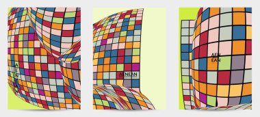 Kare piksel mozaik şekli bozulmuş. Düz retro renklerin üzerine siyah tel çerçeve. Soyut hava balonu vektör arkaplanı.