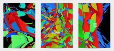 Parlak renkli küçük parçacık patlaması olan soyut uçucu şablonu. Spor müziği sosyal medya düzeni. Dış uzay hareketli optik sanat dinamik arka planı. Gelecekçi vektör.