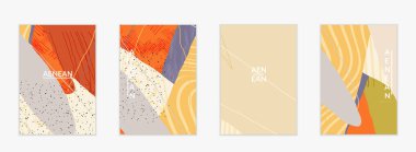 Retro hipster sanat baskısı ya da poster tasarımı. Dalgalı karışık şekiller. Üst üste çizilmiş el dokusu. Çizgiler, noktalar ve karalamalar egzotik tropikal arka plan yaratır. Doğal organik renkler.