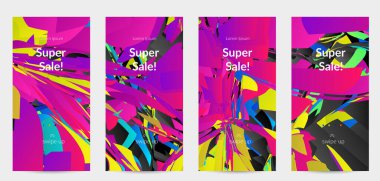 Parlak renkli küçük parçacık patlaması ile soyut sosyal medya şablonu. Spor müziği sosyal medya düzeni. Dış uzay hareketli optik sanat dinamik arka planı. Gelecekçi vektör.