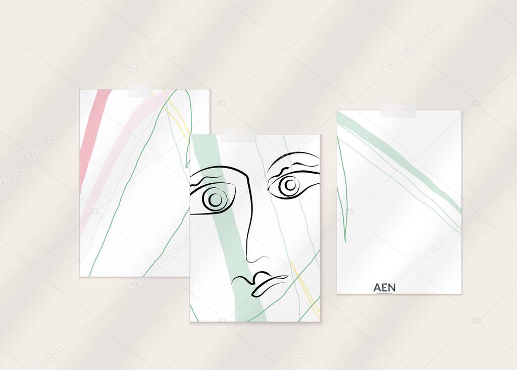 Abstract authentic portrait on modern card set template. One line continuous hand drawn doodle vector artwork. Contemporary composition in modern cubism art style. Mock up with shadow overlay.