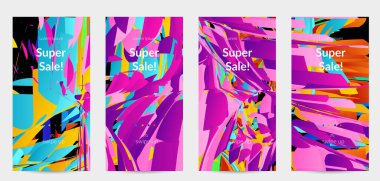 Parlak renkli küçük parçacık patlaması ile soyut sosyal medya şablonu. Spor müziği sosyal medya düzeni. Dış uzay hareketli optik sanat dinamik arka planı. Gelecekçi vektör.