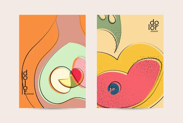 エコパッケージベクトルデザイン フラットな色とグランジの質感のフルーツロゴ 野菜の健康的な食べ物を描く人形 ビーガンボルトスケッチポスター 夏のオーガニックフレッシュコンセプト — ストックベクタ