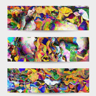 Multicolored wavy pattern overlapping gradient  filtered shapes. Vibrant light effect stained glass window or cubism art painting banner template. Abstract vector template for marketing technologies.