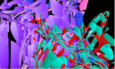 Parlak renkli küçük parçacık patlaması içeren soyut iniş sayfası şablonu. Spor müziği sosyal medya düzeni. Dış uzay hareketli optik sanat dinamik arka planı. Gelecekçi vektör.