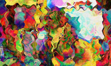 Soyut dijital çerçeve sanatsal vektör dokusu. Üst üste binen çok renkli dalgalı desenli filtreli şekiller. Canlı ışık efektleri, vitray camlar ya da kübizm sanat resimleri. Kitap kapağı şablonu.